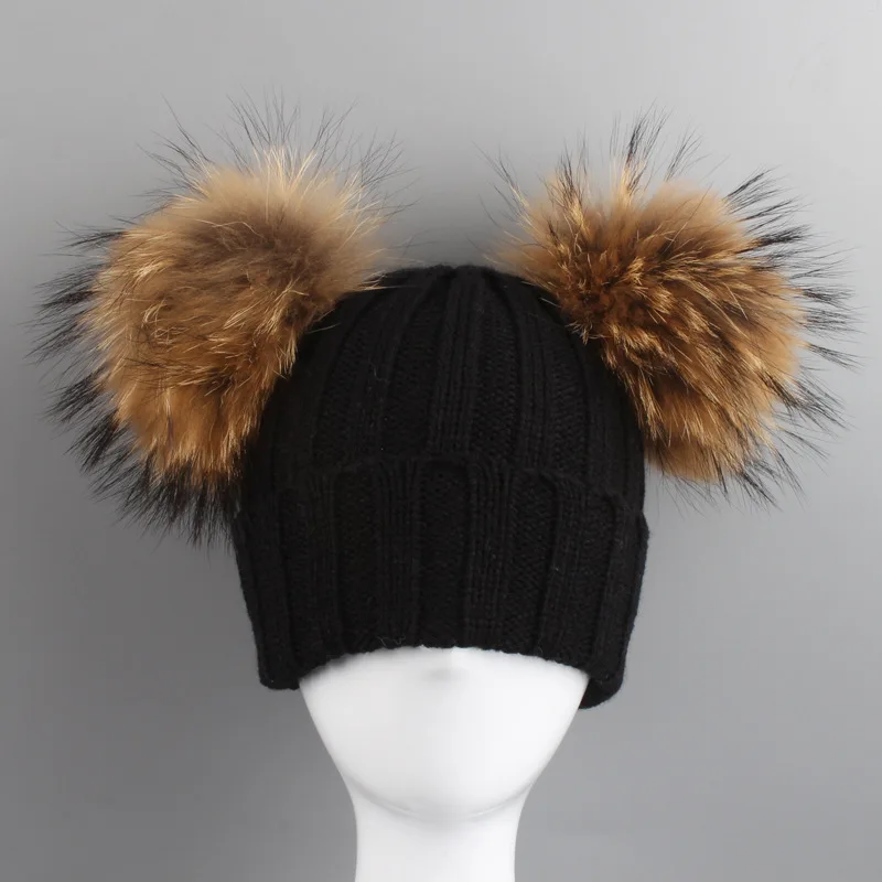 Детский акриловый головной убор Skullies шапки из меха енота помпон зимние детские