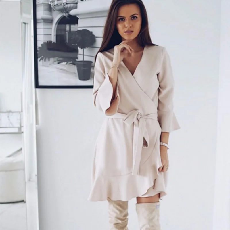 BEFORW Women Elegant Flare Long Sleeve Autumn Winter Dresses 2018 Sexy V Neck Lace Up Ruffle Mini Dress Female Casual Vestidos | Женская