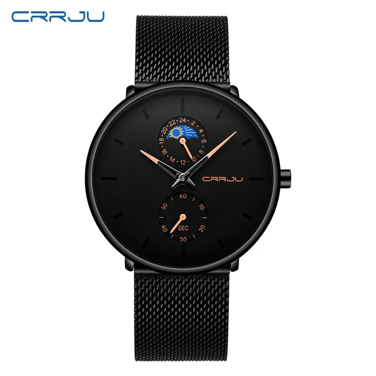 black rose Relogio Masculino CRRJU, модные мужские часы, Топ бренд, Роскошные Кварцевые часы, мужские повседневные тонкие сетчатые стальные водонепроницаемые спортивные часы - Цвет: black rose