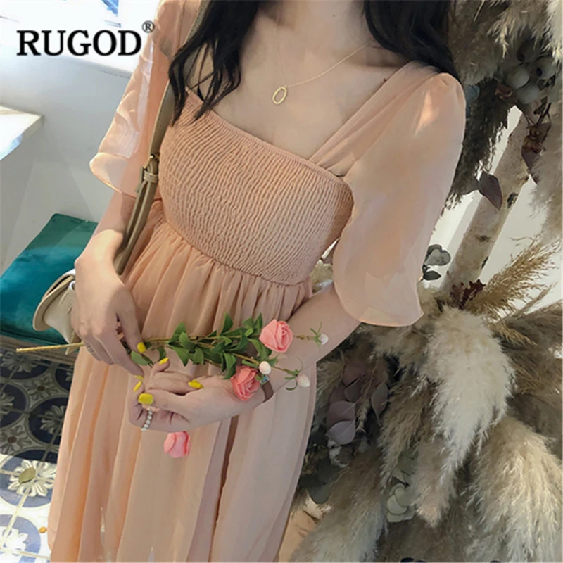 RUGOD новое летнее женское однотонное шифоновое платье квадратный воротник половина рукава Плиссированное эластичное ТРАПЕЦИЕВИДНОЕ ПЛАТЬЕ Сказочный темперамент