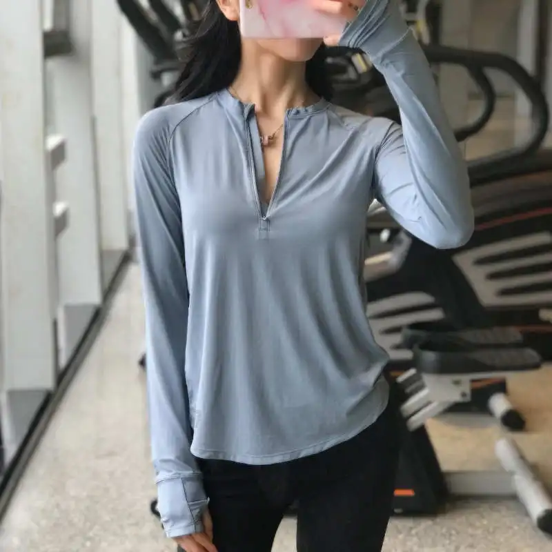 gray blue Peeli Long Sleeve Yoga Top Fitness Sports Women Jerseys Workout T shirts Quick Dry Yoga Shirt Exercise Gym Tank Tops Activewear - Цвет: gray blue