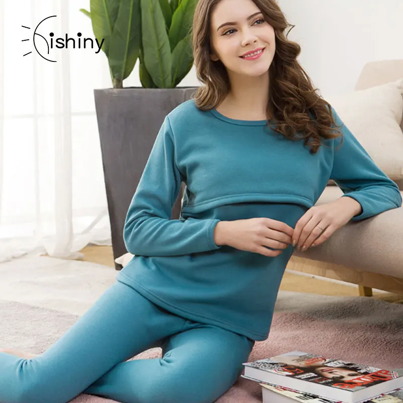 

Maternity Clothes Fleeced Pregnancy Sleepwear Nursing Pajamas Set Breast Feeding Nightwear Thick Sleepwear for Fall/Winter abdl