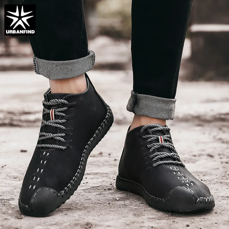 URBANFIND Quality Men Leather Boots Brand Fashion Ankle Shoes Warm Fur Lining Man Winter Casual Plus Size 38-48 | Обувь
