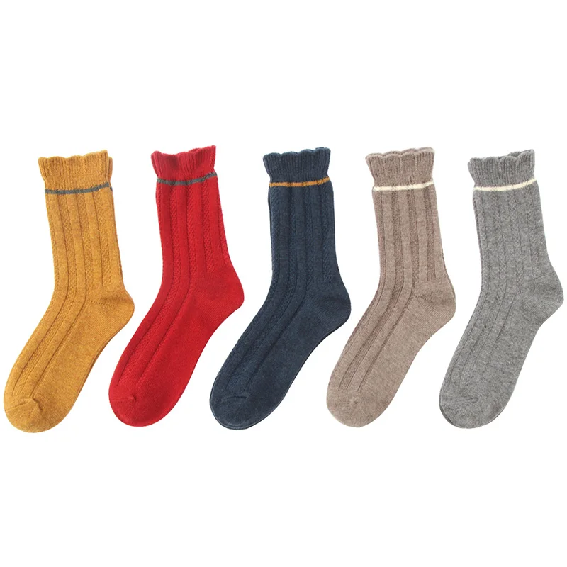 

6 Pairs Women's Socks Autumn Winter Wool Thicken Warm Japanese Vintage Pile Of Socks Rib Loose Stacked Long Socks Meias Hosiery