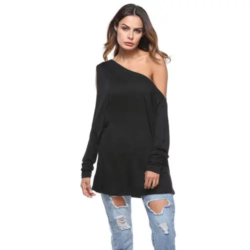 2018 Women Loose Long Sleeve Off Shoulder Solid Tops Casual Cotton T-Shirts Plus Size |