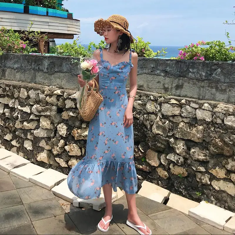 New Summer Vintage Dresses Romantic Floral Printed Vestidos Sleeveless Long Beach Dress Blue Spaghetti Strap vestidos de festa | Женская