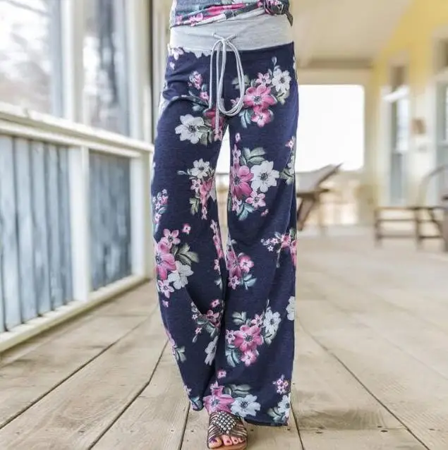 0902 Navy blue Женские брюки, свободные, цветочный принт, шнурок, повседневные, широкие, брюки, женские летние брюки, длинные, тренировочные штаны размера плюс - Цвет: 0902 Navy blue