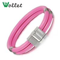 wollet jewelry stainless steel silicone bracelet bangle for women double row pink rubbers wristbands magnetic clasp