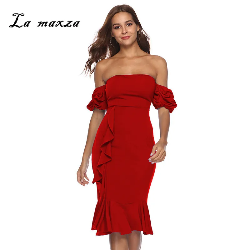 2019 Women Summer Dress Sexy &amp Club Party Night Elegant Strapless Bodycon Midi Plus Size | Женская одежда