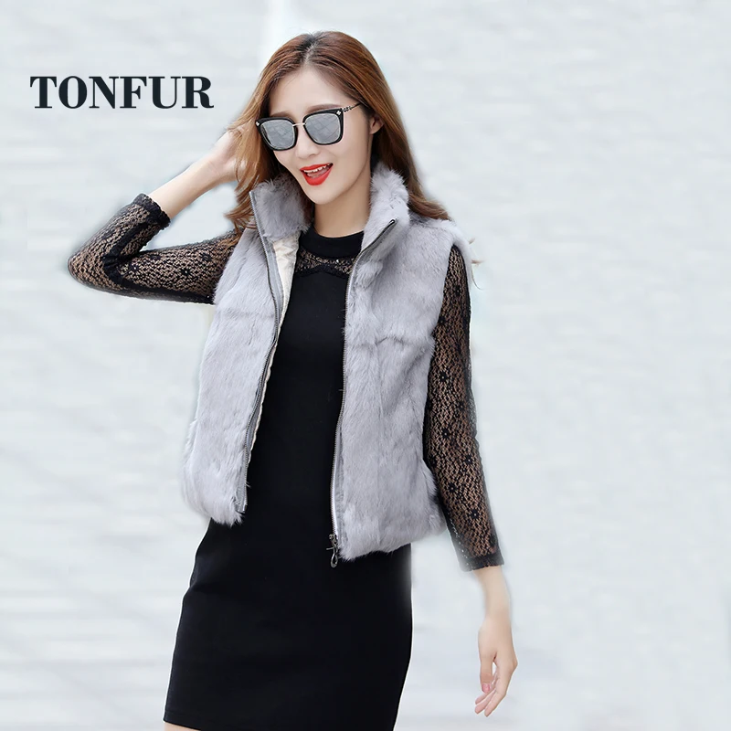Новинка 2019 жилет на молнии с воротником мандарин и натуральным кроличьим мехом