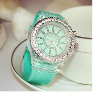 Mint Green Светящаяся лампа часы светящиеся дети горный хрусталь светодиодный мигающий свет силиконовые часы Женева часы - Цвет: Mint Green