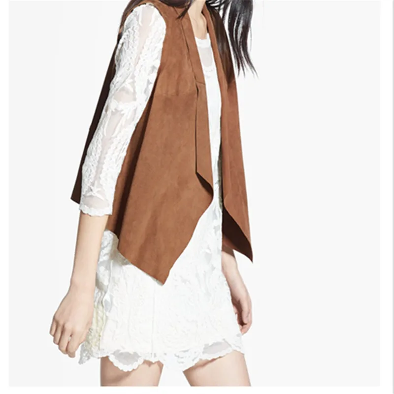 Коричневый замшевый однотонный отложной воротник мода 2016 куртка без рукавов