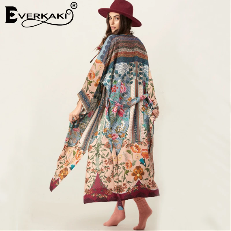 Винтажное кимоно Everkaki свободная Пижама с цветочным принтом и открытым стежком
