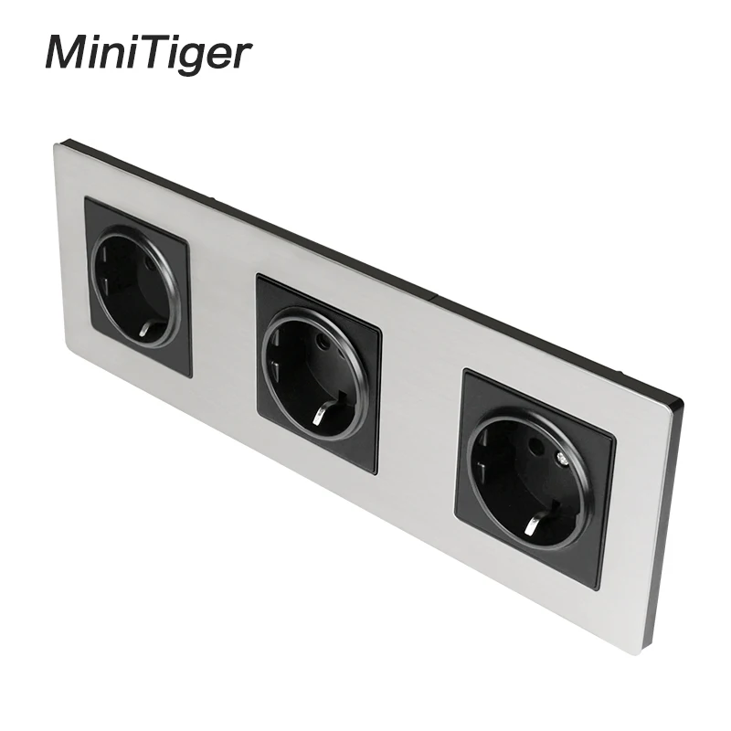 Minitiger Stainless Steel Panel Triple Wall Socket 16A EU Russia Spain Electrical Outlet Silver Black Child Protective Door |