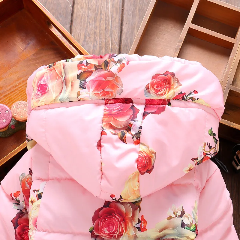 Baby Girls Floral Print Thick Warm Hooded Cotton Down Coats Snow Wear Children's Outerwears Clothes 2017 Winter |