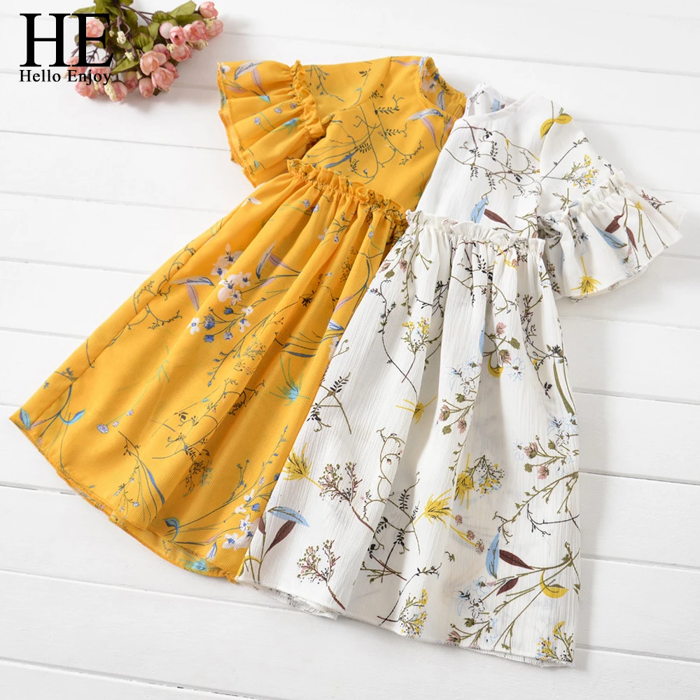 

HE Hello Enjoy Kids Clothes Baby Girls Summer Dress Teenage Casual Flare Sleeve Ruched Floral Print Infantil Princess Dresses