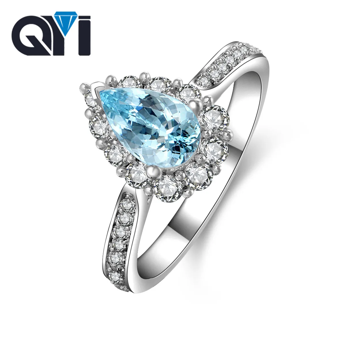 

QYI Natural 1.5 ct Pear Cut sky Blue topaz 925 silver gemstone ring natural color gems Engagemen Ring for women wholesale
