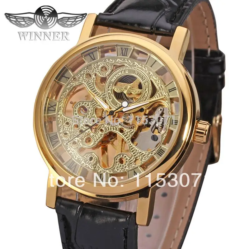 

Бесплатная доставка, мужские Модные золотые часы Winner с ручным ветром и коробкой для часов, мужские часы, механические часы
