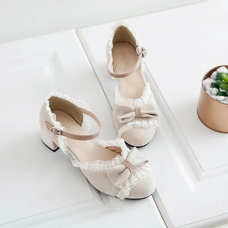 

Mori girl Lolita Shoes Bowknot Princess Kawaii Girl Women Shoes Round Head Middle Heel Lace Cosplay JK Uniform Lolita Shoes
