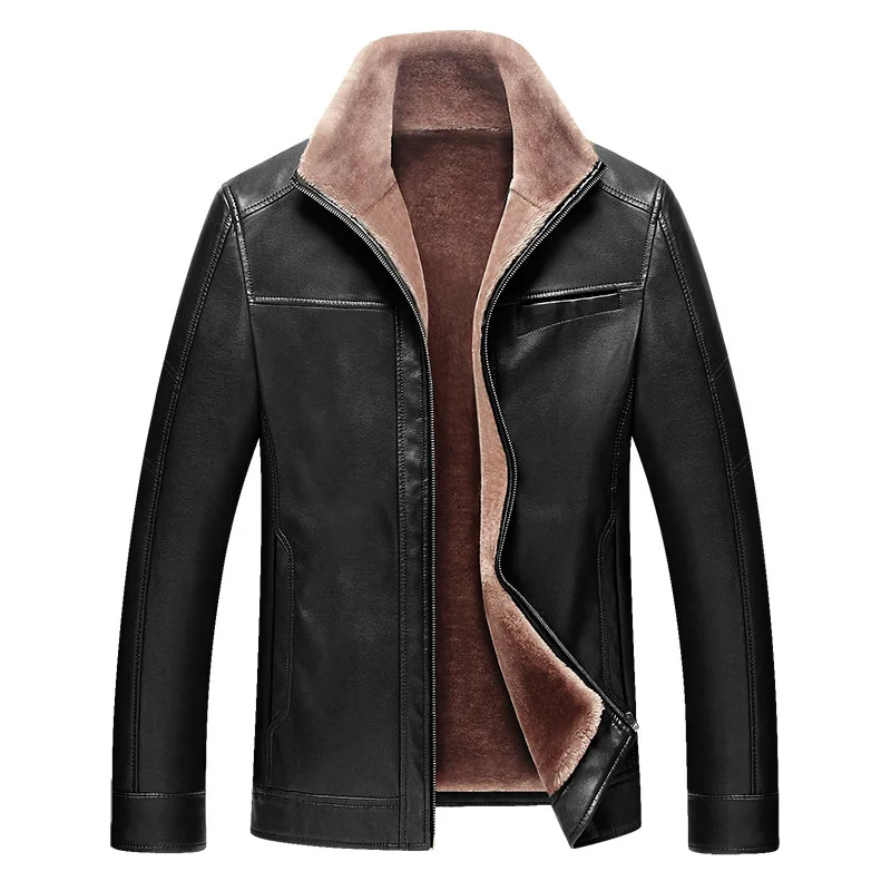 Мужская кожаная куртка черная Толстая теплая из искусственной кожи верхняя
