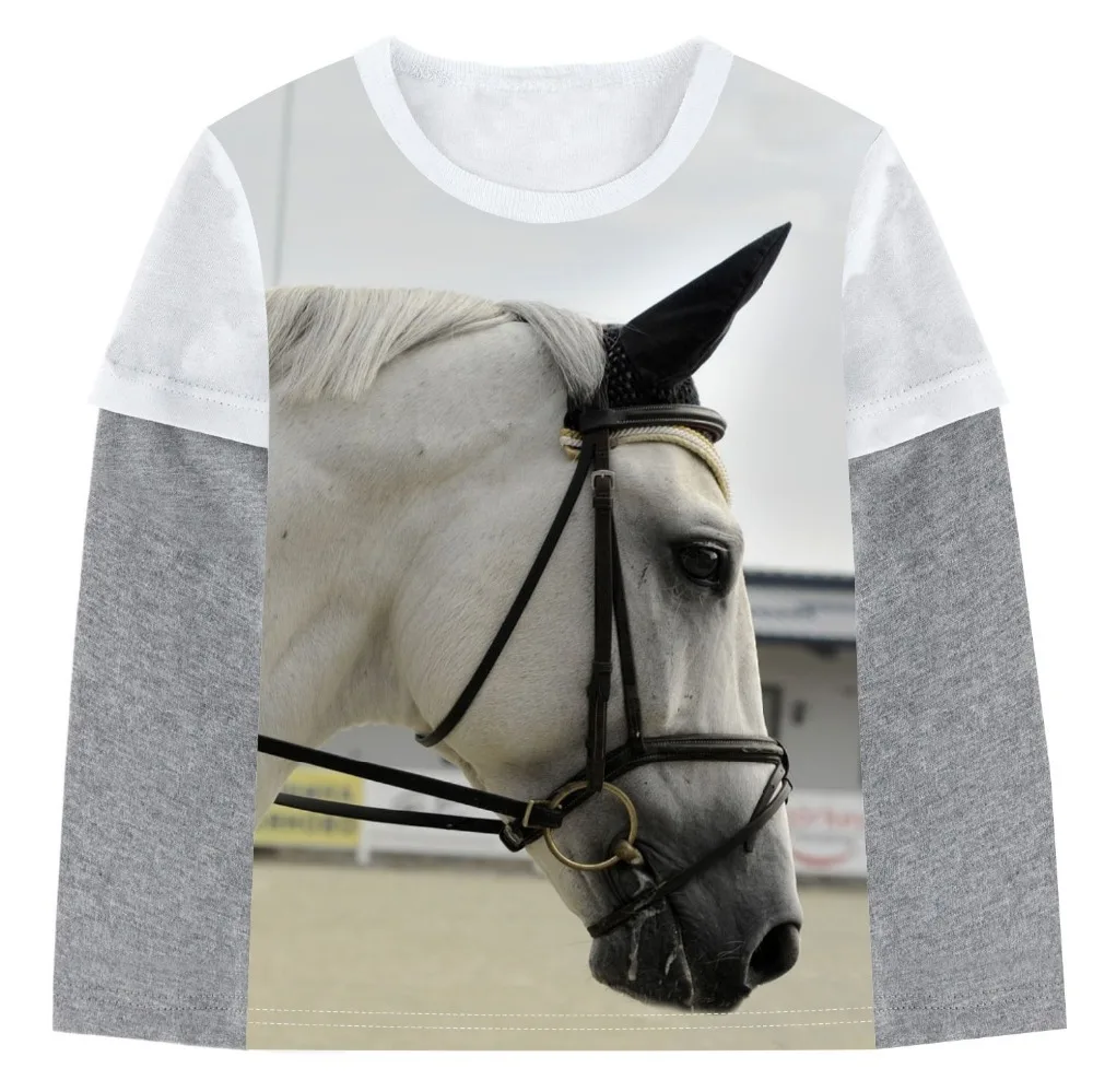 Kids 2-12Y Boys T-shirt Tees Baby Boy T shirts White Horse print blouse Children Long Sleeve t shirt Cotton |