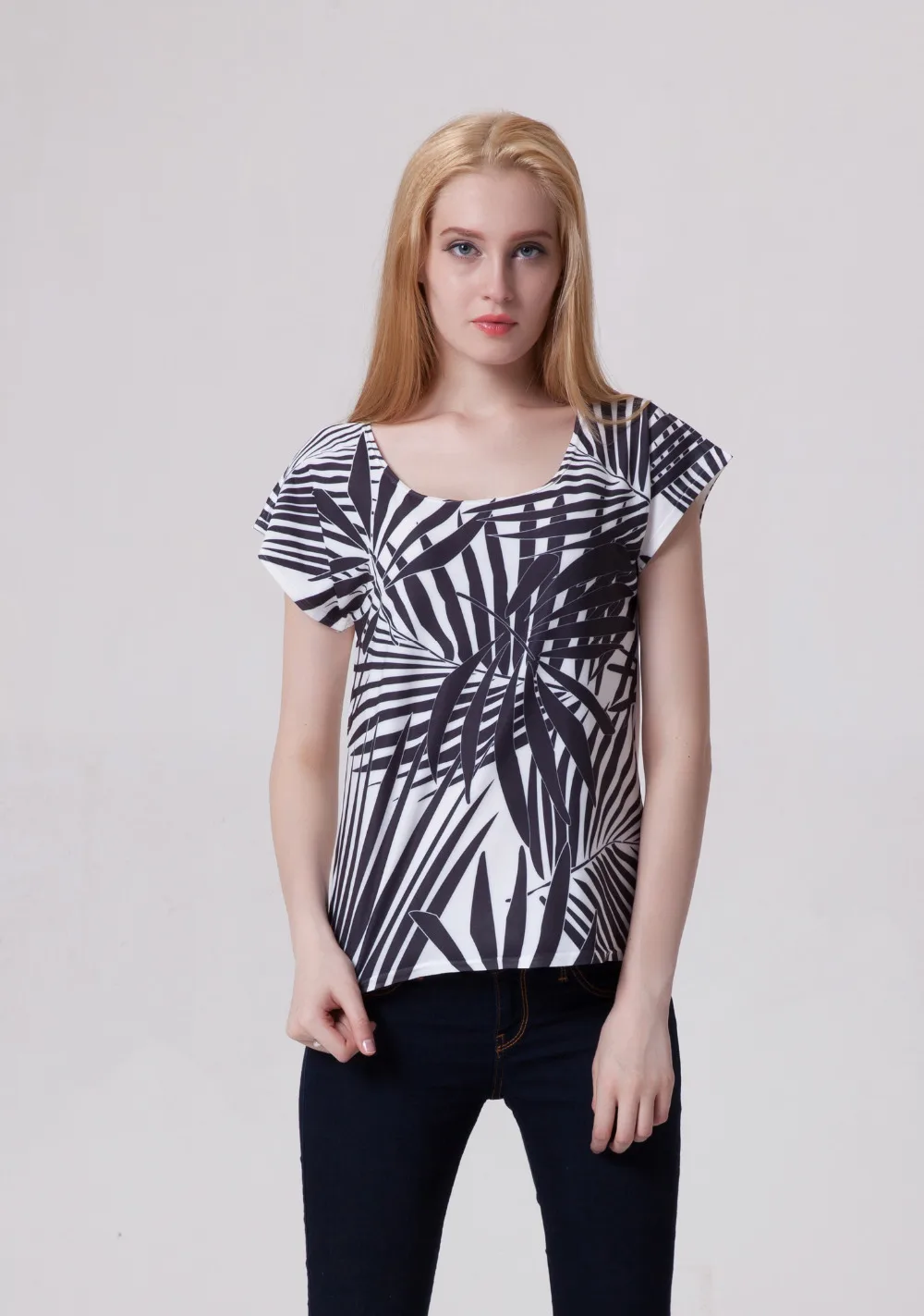 EAST KNITTING 2003 New Style 2015 Leaf Printing Women T-shirt Round Collar SlimTop For Drop Shipping | Женская одежда