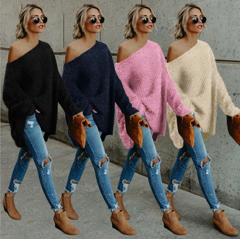 

Women Pullovers Casual Long Sleeve Knitted Fluffy Sweater Loose Jumper Tops Knitwear Autumn One Shoulder Oversized Sweaters