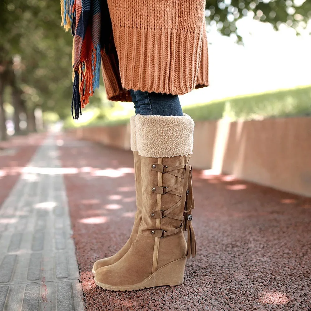 SAGACE/зимние сапоги на танкетке Женские Martin Высокие до бедра с бахромой Zapatos De Mujer
