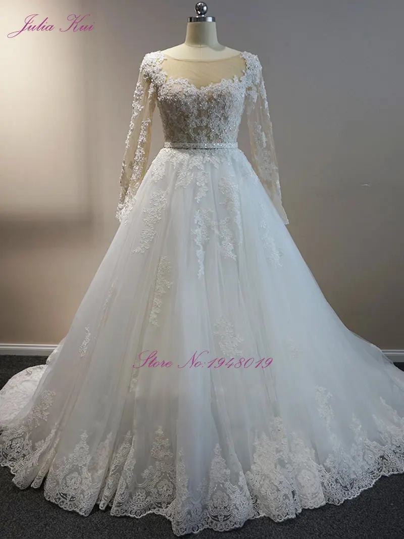 

Julia Kui Elegant Floral Print A-line Embroidery Tulle Wedding Dresses Full Sleeve Beading Crystals Floor-Length Bridal Dresses