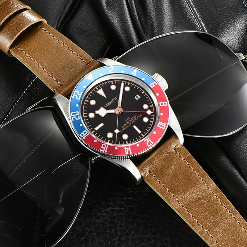 Роскошные Брендовые мужские автоматические механические часы Schwarz Bay GMT, светящиеся часы с календарем, военные спортивные часы для плавания, кожаные часы