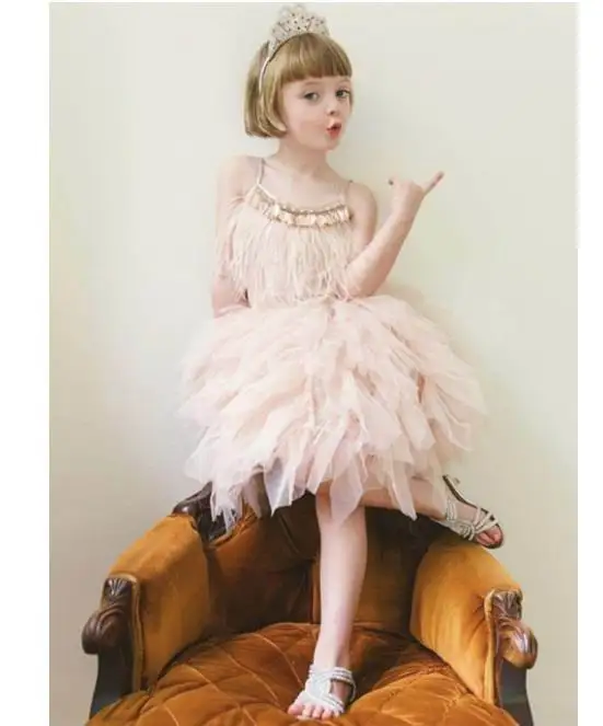 

Girl Dress 2019 Summer New Rhinestone Feather Princess Dress For Party Wedding Show Compere Children Clothing E2305