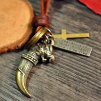 men jewelry hide cord antique bronze dragon knife pendant necklace vintage wolf tooth dragon titanium pendant necklace 1109