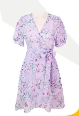 cute dress Цветы шифоновые платья для женщин, в Корейском стиле; сезон Лето Япония Стиль одежда тонкая Дизайнерская куртка с бантом на талии мини милые девушки, платье фиолетового цвета - Цвет: cute dress