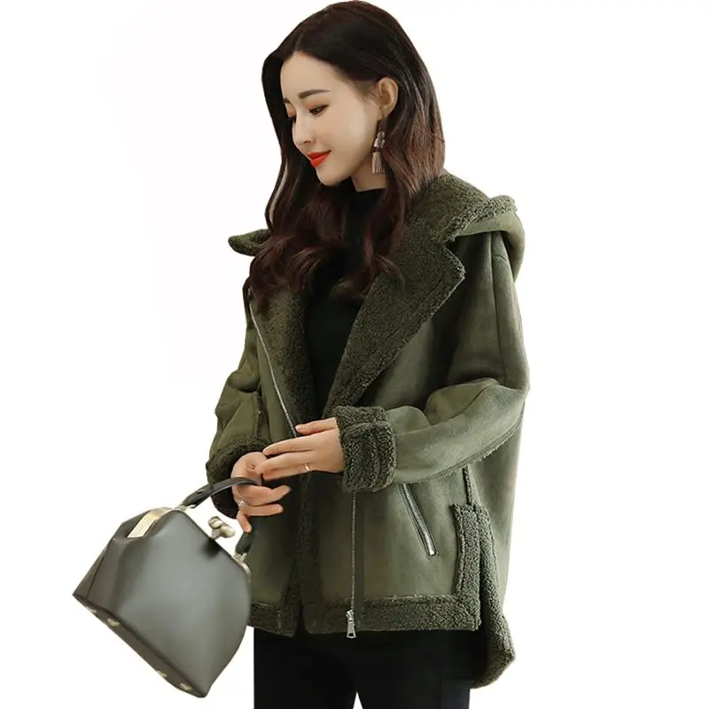 cao lu Новая мода Короткие женские куртки замшевый кожаный воротник на молнии Женское пальто зимнее с длинным рукавом Женская замшевая теплая куртка QH1232 - Цвет: cao lu