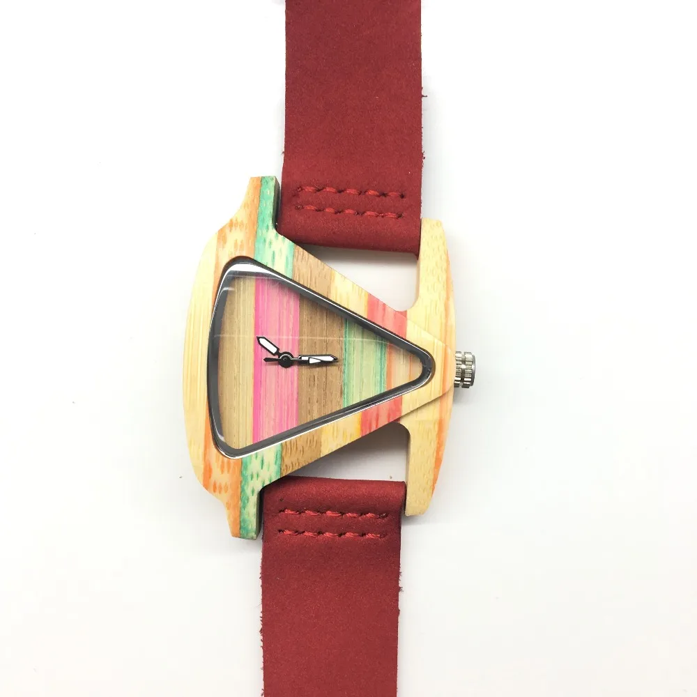 

Triangle Bamboo Wooden Watch For Women With Leather For Birthday Gifts In a Paper Box