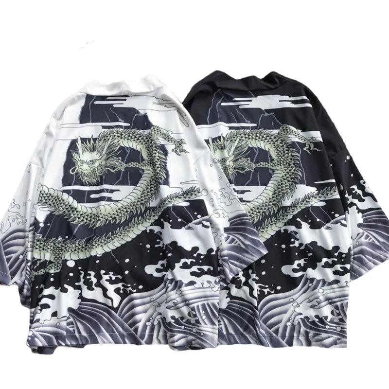 Японские кимоно Половина рукава 3d принт Лун рубашка мужская Открыть стежка
