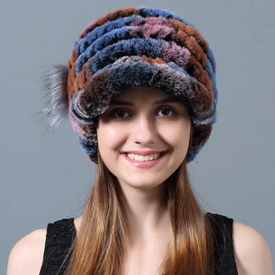 Color 4 Зимние шапки, шапочки, настоящий мех кролика, цветы, в полоску, вязаная шапка из кроличьего меха, шапки, повседневные, натуральный мех, женская шапка для русской зимы - Цвет: Color 4