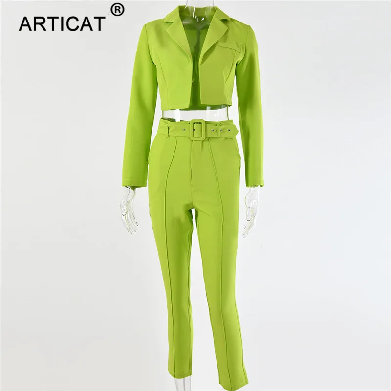 Green Articat комплект из двух предметов женские костюмы с длинным рукавом Блейзер и брюки костюм для женщин тонкий осенний элегантный OL пиджак костюмы женские наряды - Color: Green