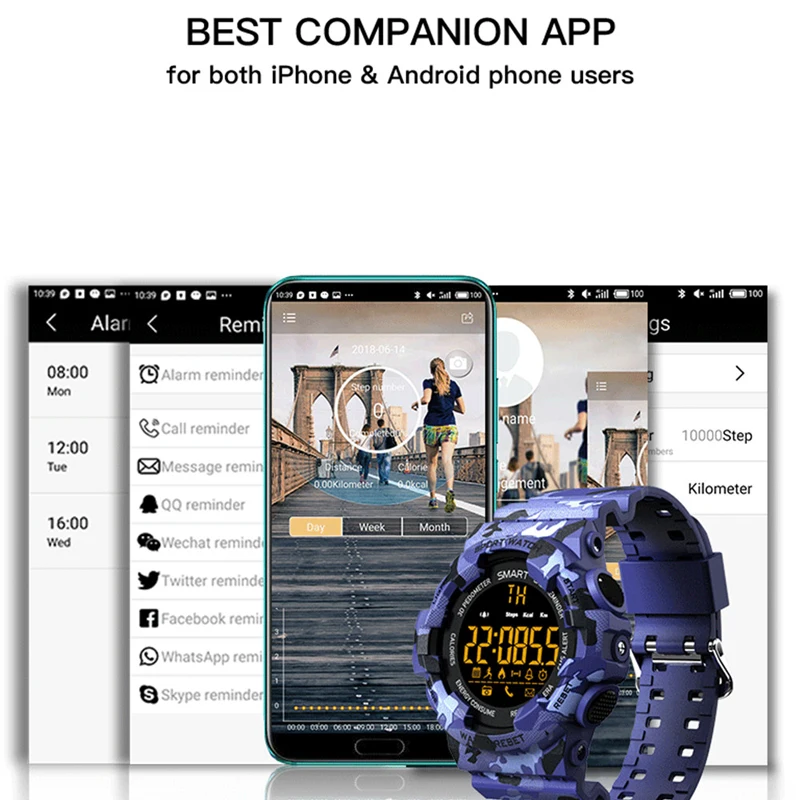 BM18 спортивные Smartwatch Открытый камуфляж Bluetooth Smart часы IP67 Водонепроницаемый Фитнес