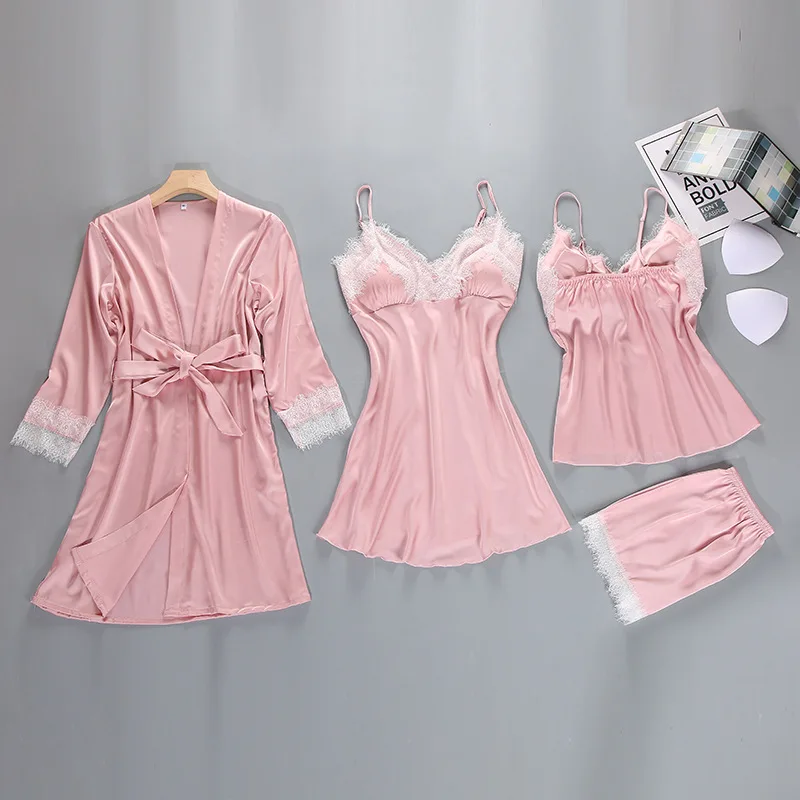 

Sexy Spring Bath Robe Gown Pajamas Sets Woman 4PC Strap Top Pants Suit Sleepwear Casual Home Wear Nightwear Kimono Bathrobe M-XL