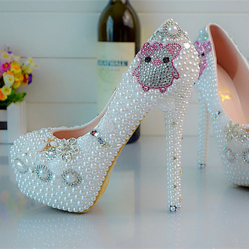 

New Style White Pearl Bridal High Heels Formal Dress Shoes Plus Size Platform Party Prom Pump Lover Pig Rhinestone Wedding Shoes