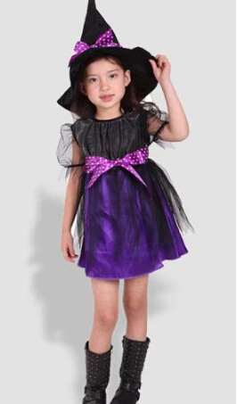 2016 Hot sale Halloween Christmas Costumes Kids Girls Children Fly Witch Dress + Hat Cap Costume Bow-knot Party Cosplay clothes |