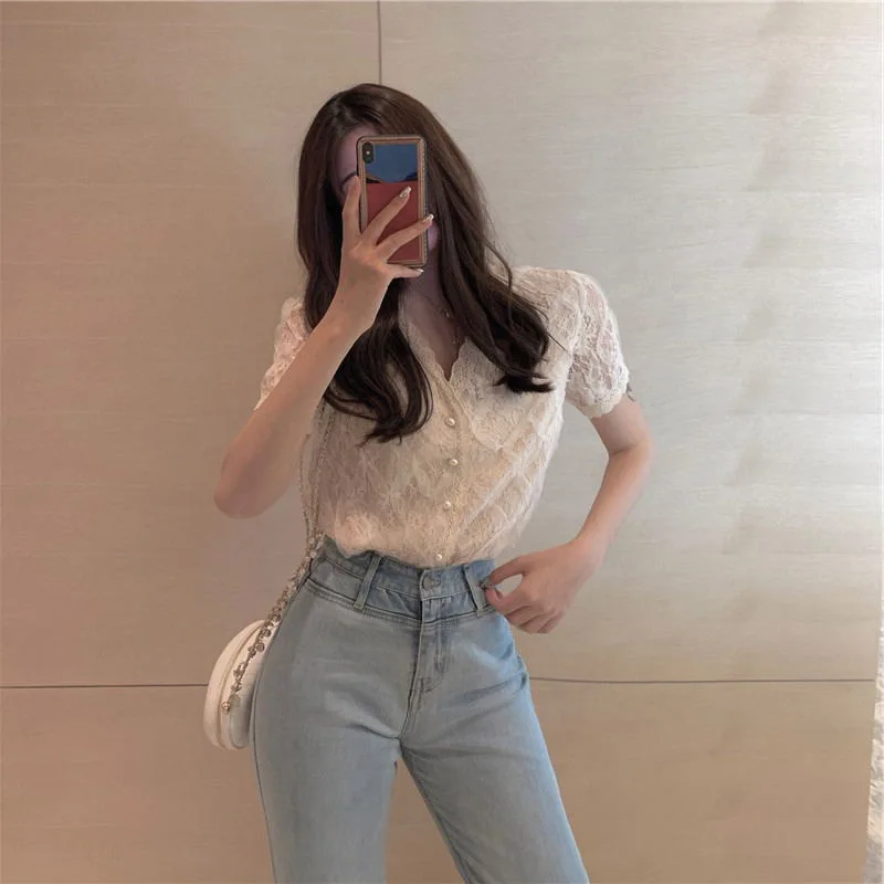 2019 Summer Women Lace Blouse Shirt Korean Spring Fashion Casual Short Sleeve Solid Beige Tops Female |