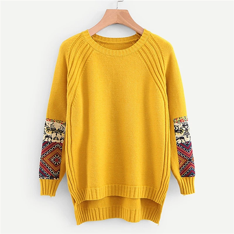 Dotfashion желтый лоскутный Высокий Низкий свитер женская осенняя одежда свитера Мода с этническими аппликациями женские пуловеры джемпер