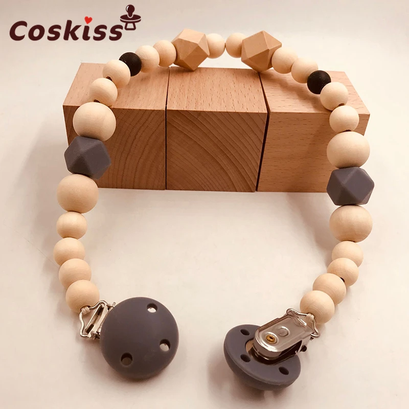 Clips de silicona y madera para chupete de beb&eacute;, cadena de chupete infantil, para ni&ntilde;os peque&ntilde;os juguetes para masticar, regalos para Baby Shower-1