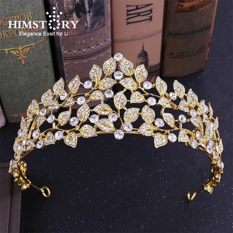 

HIMSTORY New Fashion Baroque Leaf Crystal Bridal Crown Tiaras Gold Diadem Tiaras for Women Bride Wedding Hair Accessories