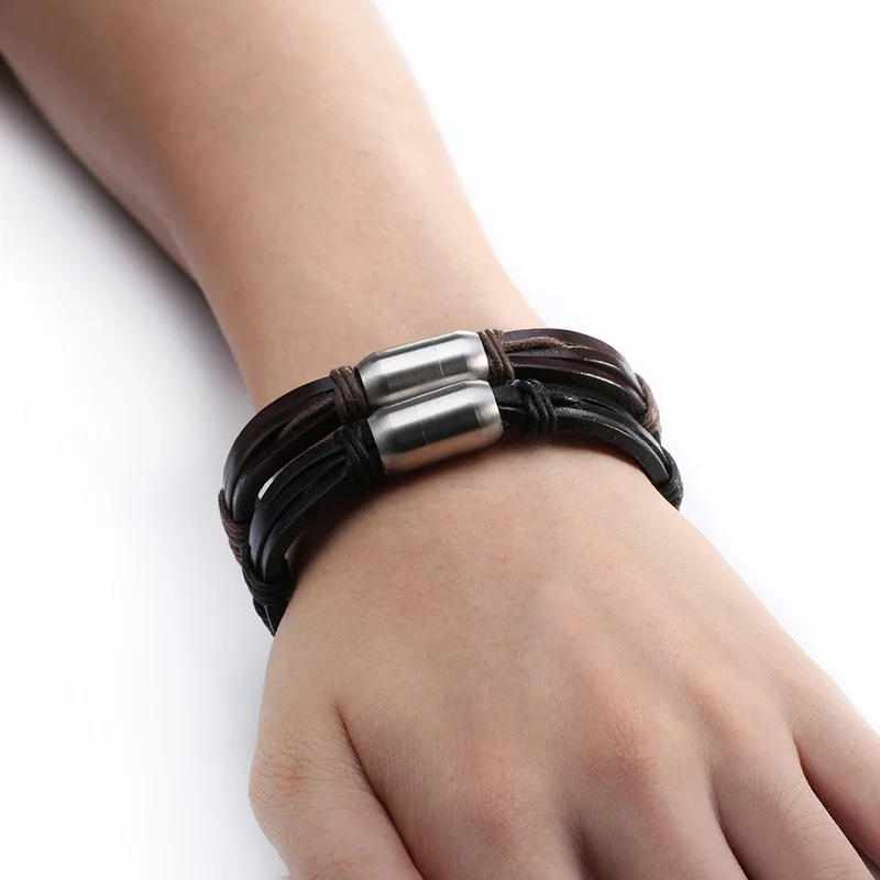 Fashion jewelry Bracelets &amp Bangles Leather simple domineering hand-woven leather men's bracelet stainless steel magnetic buckle |