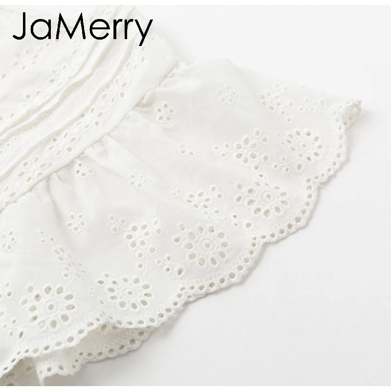 JaMerry Causal white embroidery lace hollow out blouse shirt women Ruffles woman blouse top Female elastic waist cotton tops