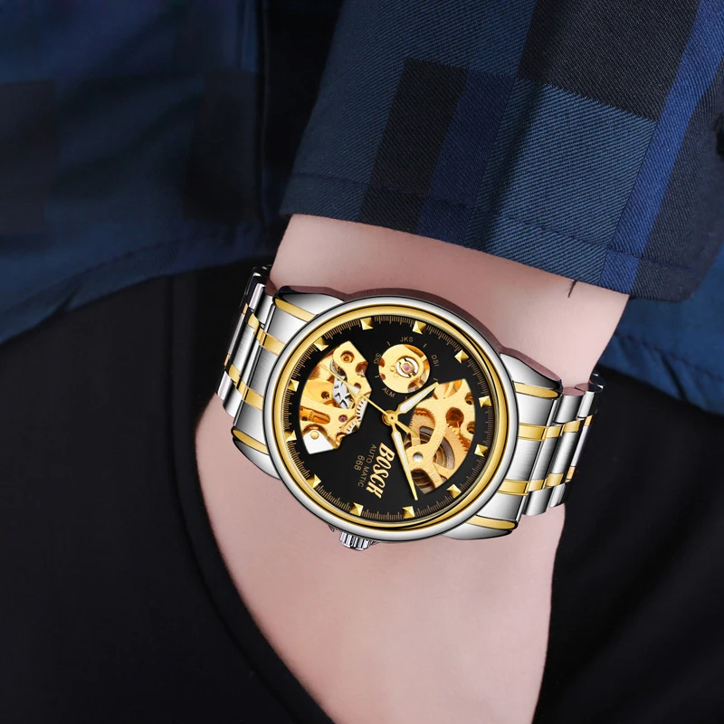 Часы скелетоны Мужские механические золотистые люксовые брендовые