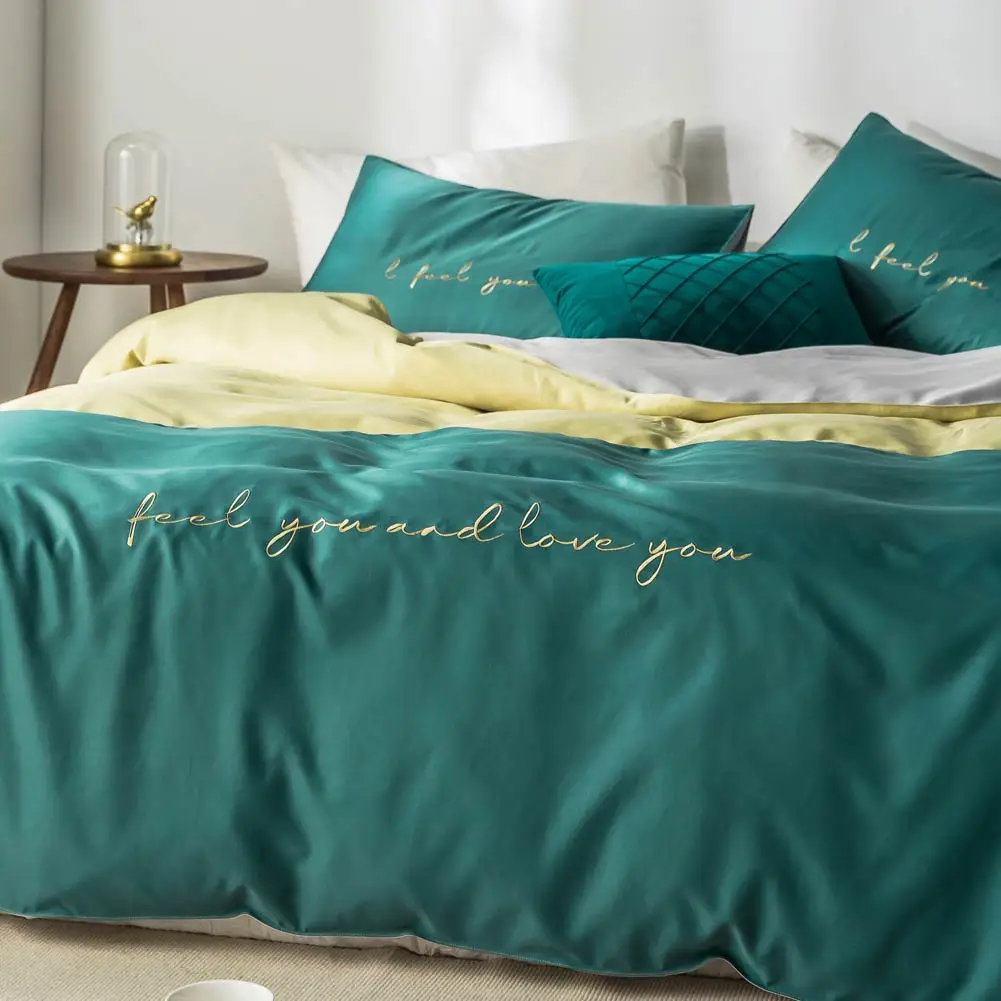 Nordic Light Green Dark INS Embroidery Bedlinens Artificial Silk Satin Duvet Cover Set Queen King Bedsheet Bedding Set
